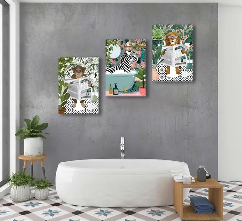 Miniatura 5 de 3 piezas de lienzo de animales de la selva para baño, arte de pared de cebra en la bañera, imágenes de mono león en el inodoro, lectura