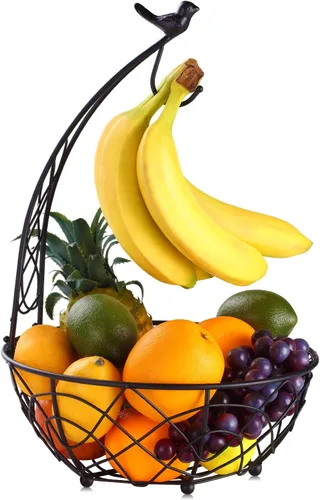 Buruis Cesta de frutas con colgador de plátanos, contenedor de frutas con diseño moderno de pájaros, cesta de mesa creativa para encimera de cocina,
