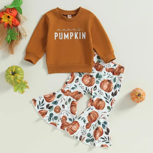 Miniatura 2 de Madjtlqy Conjunto de ropa de Halloween para bebé niña con estampado de calabaza con estampado de calabaza, camiseta de manga larga + pantalones
