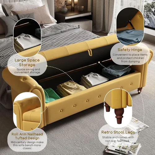 Miniatura 41 de NIOIIKIT Banco Otomano de Almacenamiento de 160 cm, Banco de Entrada con Botones Acolchados, Banco Largo de Brazos Enrollados para Dormitorio, Sala
