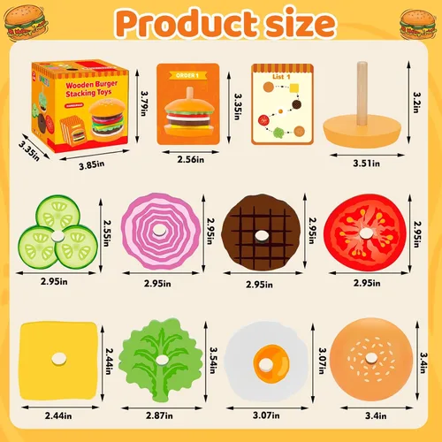 Miniatura 5 de Jumlys Montessori Juguetes de Madera Apilables de Hamburguesa para Niños de 2, 3, 4, 5 Años, Juguetes de Motricidad Fina para Niños y Niñas