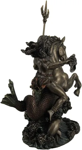 Miniatura 3 de Zeckos Poseidón griego Dios del mar sosteniendo Tridente en hipocampo Estatua de mesa de metal marrón oscuro/negro