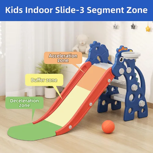 Miniatura 2 de GLAF Tobogán Interior para Niños Pequeños de 1-3 Años, Tobogán para Bebés Exterior, Conjunto de Juegos con Aro de Baloncesto y Pelota, Toboganes Azul