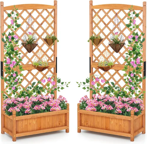 Miniatura 19 de Maceta de Jardín de Madera Giantex con Enrejado, Cama Elevada de 180 cm para Jardín, Enrejado Alto para Plantas Trepadoras y Flores, Maceta