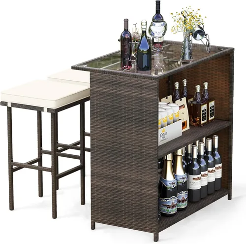 Miniatura 17 de Tangkula - Juego de barra para patio, 3 piezas de mimbre para exteriores, con 2 taburetes con cojines y mesa con cubierta de cristal, color gris