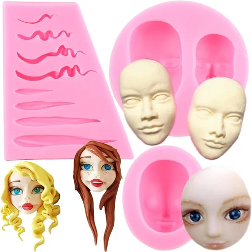 Mujiang Moldes de silicona para cara humana, moldes de fondant para el pelo de muñeca, para decoración de pasteles, arcilla polimérica, caramelo,