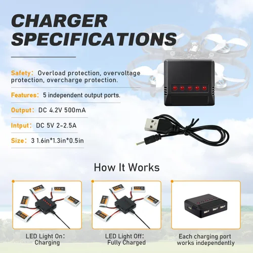 Miniatura 6 de 3.7V Lipo Batería 450mAh Alta Capacidad 25C RC Molex Drone Batería con 5-en-1 Cargador para SYMA Q11 AT-96 TR-C385 TR-P51 TR-F22 H99W H31 H6C H98
