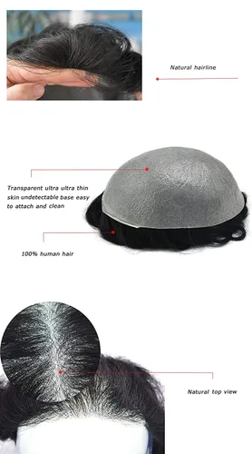 Miniatura 6 de Cabello humano para hombres, tupé, piezas de cabello humano europeo, todas las piezas de cabello con bucle en V, 0.002 in, piel fina, sistemas