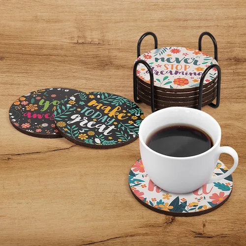 Miniatura 5 de Good Vibes - Juego de 8 posavasos para bebidas, base de corcho absorbente para protección de mesa, hecho de madera de ingeniería, ideal
