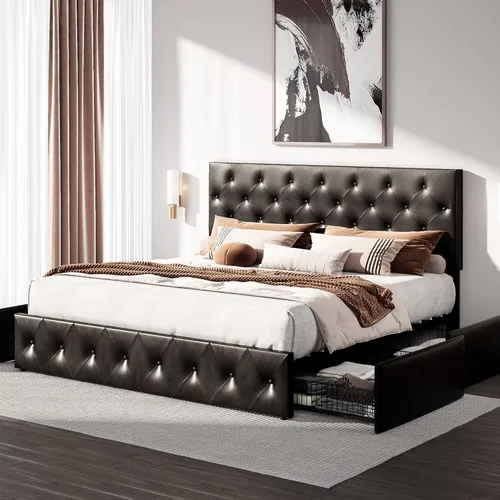 Miniatura 14 de HOOMIC Base de cama de almacenamiento de plataforma de tamaño matrimonial con 4 cajones y cabecera ajustable, listones de madera, no necesita Gris