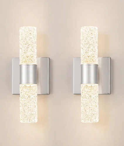Miniatura 16 de Juego de 2 apliques de pared LED de cristal, lámparas de baño de oro cepillado, modernas luces de baño con LED con cable para dormitorio, sala