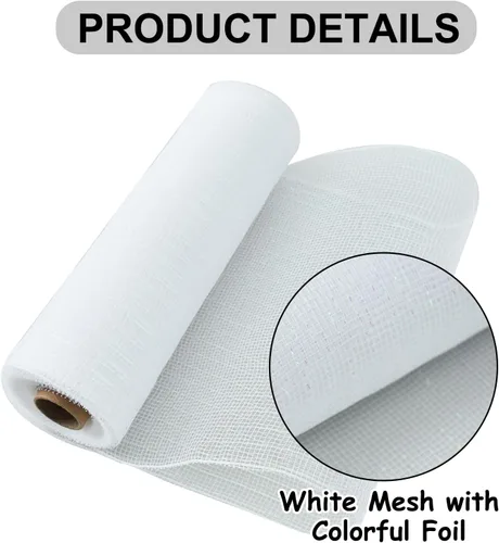 Miniatura 3 de TONIFUL 2 rollos de cinta de malla decorativa blanca de 10 pulgadas, malla de tela con papel de aluminio para suministros de corona de malla, corona
