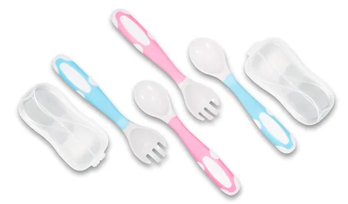 Miniatura 3 de Tenedores y cucharas flexibles para bebés y niños pequeños, juego de cubiertos para niños, 2 juegos azul/rosa, apto para encías, 2 cucharas y 2
