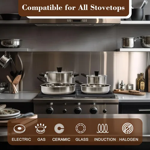 Miniatura 5 de Juego de ollas y sartenes de acero inoxidable de 6 piezas, juego de utensilios de cocina con asas que se mantienen frías, compatibles con gas