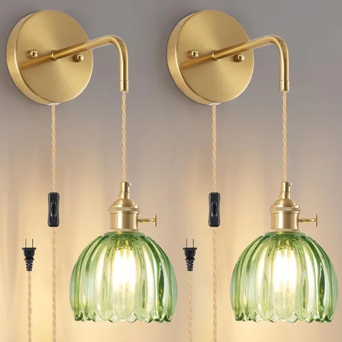 Aplique de pared enchufable (juego de 2), lámpara decorativa de pared vintage con pantalla de cristal verde, aplique de pared enchufable para