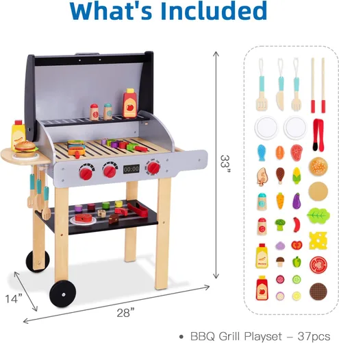 Miniatura 6 de OOOK Parrilla de juguete de barbacoa de madera, juego de parrilla para niños con alimentos de juguete y herramientas de parrilla, accesorios