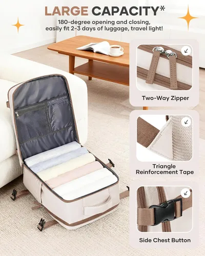 Miniatura 5 de Mochila de viaje grande, bolsa de mano, aprobada para aviones, para artículos personales, para hombre o mujer, color beige con marrón