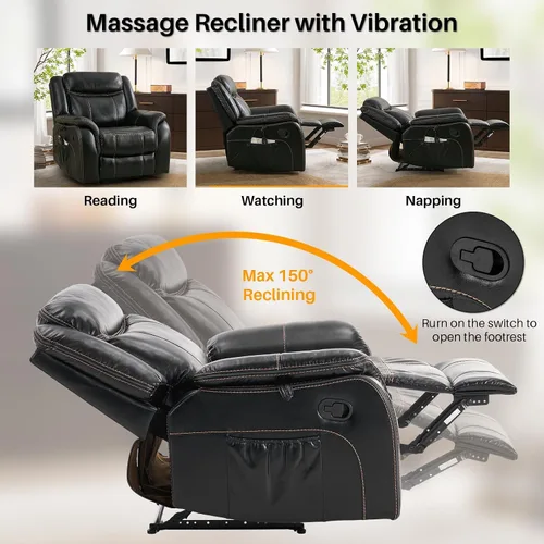 Miniatura 6 de Silla reclinable de masaje con calor, sillas reclinables de piel sintética para adultos, silla de descanso ergonómica reclinable manual de 39