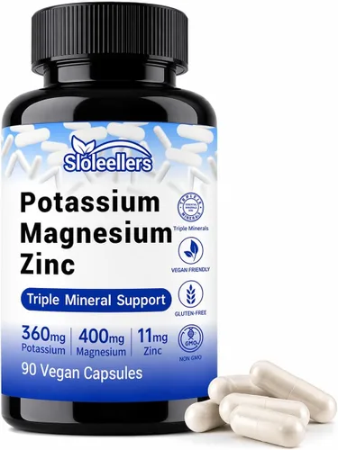 Suplemento de potasio y magnesio con zinc, 1000 mg de citrato de potasio, 400 mg de magnesio, apoya la salud muscular y nerviosa, vegano, sin OMG,