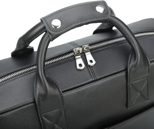 Miniatura 3 de Maletín de cuero genuino de grano completo para hombre de 16 pulgadas, bolsa de mensajero con cremalleras YKK (negro)