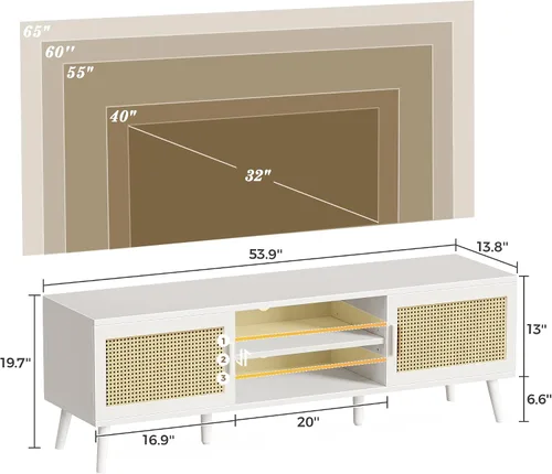Miniatura 7 de SUPERJARE Soporte de TV para TV de 65 pulgadas, centro de entretenimiento con estante ajustable, consola de TV de ratán con 2 gabinetes, consola