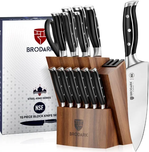BRODARK Juego de cuchillos de cocina: Juego de 15 piezas de cuchillos de chef profesionales con afilador, juego de cuchillos ultra afilados para la