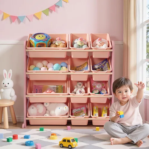 Miniatura 7 de VECELO Organizador de almacenamiento de juguetes para niños de gran capacidad con 12 contenedores - Estante de madera para juguetes para niños Rosa