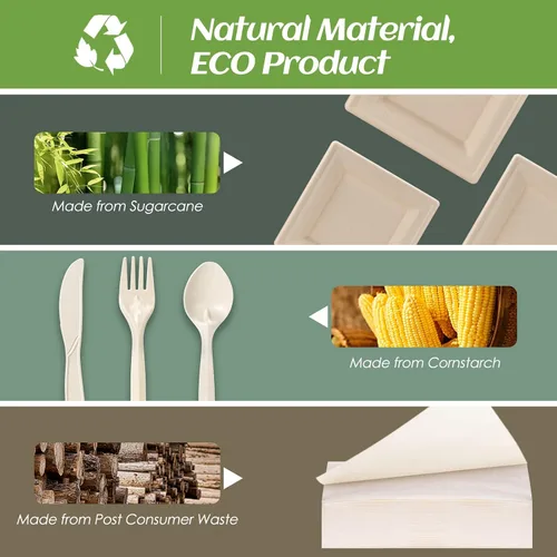 Miniatura 2 de Juego de platos de papel compostables para fiestas, 300 unidades, platos cuadrados de papel marrón de 10 y 8 pulgadas, utensilios y servilletas