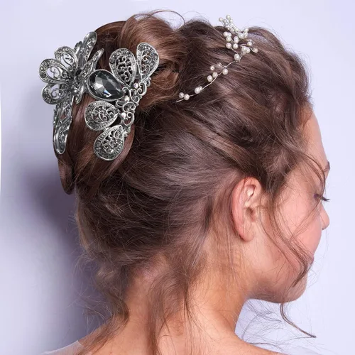 Miniatura 7 de Chuangdi 4 pinzas para el cabello con diamantes de imitación de cristal vintage, pinza de metal con diamantes de imitación brillantes con purpurina