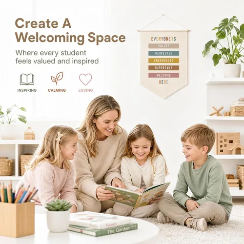 Miniatura 3 de Todos Tienen Valor Colgante de Pared, Frase de Bienvenida para el Aula, Decoración Boho para el Aula, Todos Son Bienvenidos Aquí, Bandera