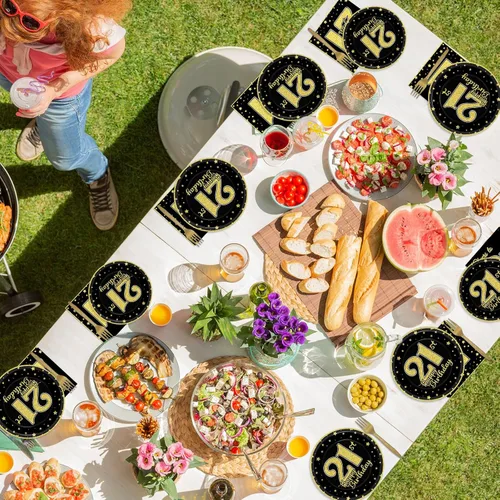 Miniatura 6 de 200 piezas de suministros para fiesta de cumpleaños de 21 años, platos de papel negro dorado, Brindis por 21 años, platos de papel y servilletas
