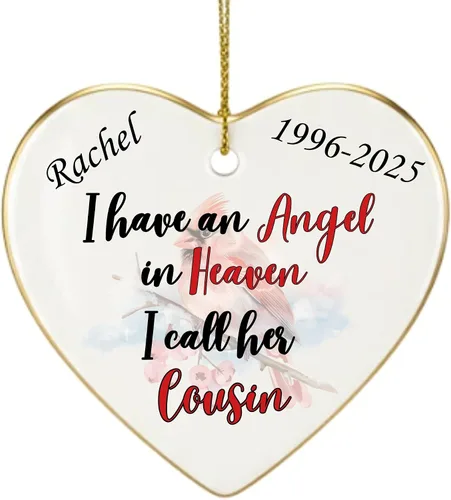 Adorno de Navidad conmemorativo personalizado 2025 – Recuerdo de cerámica en forma de corazón – Tengo un ángel en el cielo I Call Her Primo – Regalo
