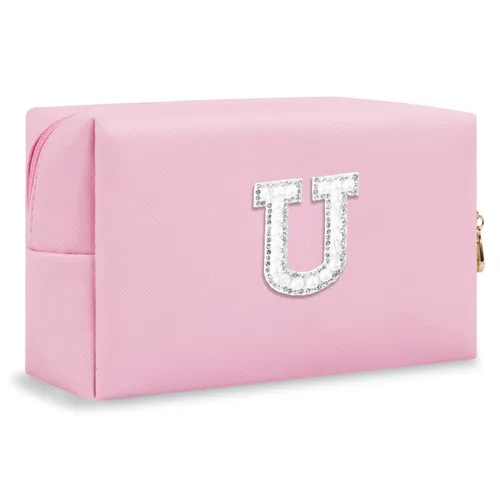 Miniatura 245 de Pequeña bolsa de maquillaje personalizada con inicial A-Z Preppy Patch, bolsa de cosméticos de viaje de felpilla blanca con cremallera, bonita bolsa