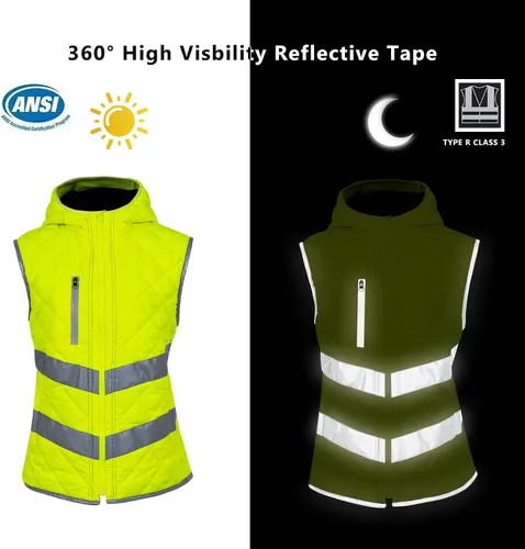 Miniatura 7 de Chaleco de seguridad para mujer, reflectante, de alta visibilidad, con bolsillos y cremallera, ANSI Clase 3 Hi Vis, chaleco de trabajo de invierno