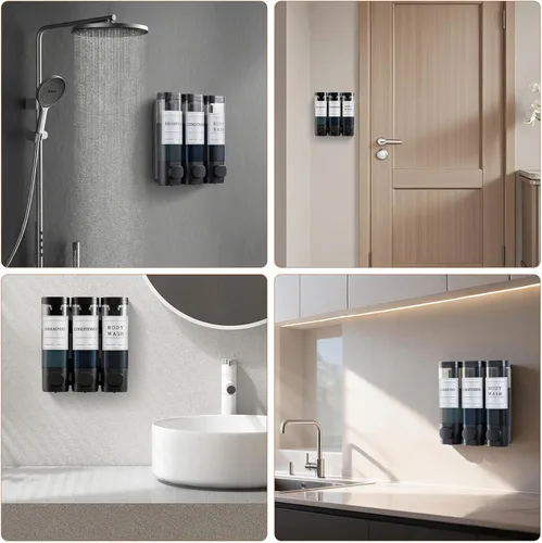 Miniatura 6 de Dispensador de champú y acondicionador, dispensador de jabón de ducha, 3 cámaras, sin taladro, dispensador de champú montado en la pared para ducha