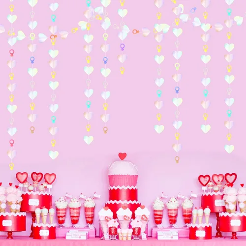 Miniatura 7 de Guirnalda iridiscente de anillo de corazón iridiscente de 52 pies para decoración de despedida de soltera de compromiso, pancarta holográfica