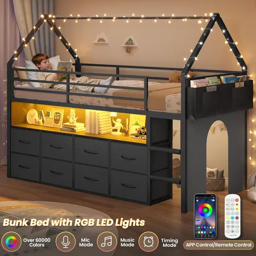 Miniatura 4 de BTHFST Cama tipo loft tamaño twin para niños, 8 cajones de almacenamiento y luces LED, cama de metal en forma de casa con estantería, escalera