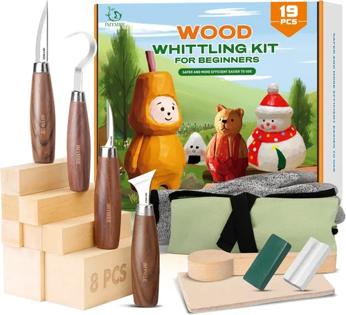 IMYMEE Kit de Tallado de Madera para Principiantes - Juego Completo de Tallado con 4 Cuchillos de Tallado de Madera y 8 Bloques de Madera de Tilo -