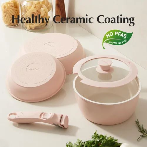 Miniatura 5 de Redchef Juego de sartenes y ollas antiadherentes, juego de utensilios de cocina de cerámica con asas desmontables, 16 piezas, juego de cocina