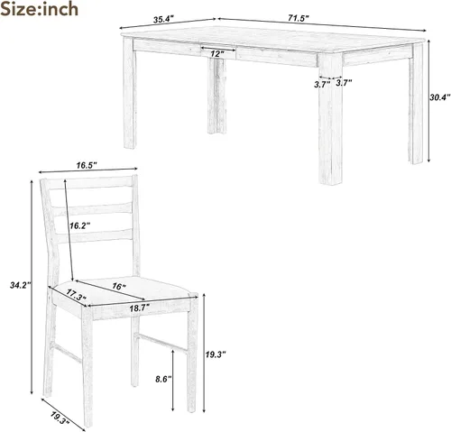 Miniatura 6 de Juego de comedor de madera de 7 piezas, mesa extensible multifuncional con hojas de 12 pulgadas y 2 cajones, más 6 cómodas sillas de comedor