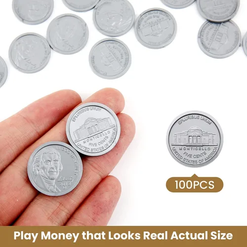Miniatura 2 de 100 monedas falsas para el aprendizaje de los niños, monedas de juego de plástico para enseñanza, 100 níquel para niños, tienda