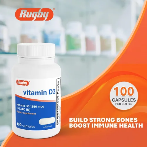 Miniatura 2 de Rugby Vitamina D3 50,000 UI (1250 mcg) - Suplemento de vitamina D de alta potencia para huesos, dientes e inmunidad, 100 cápsulas