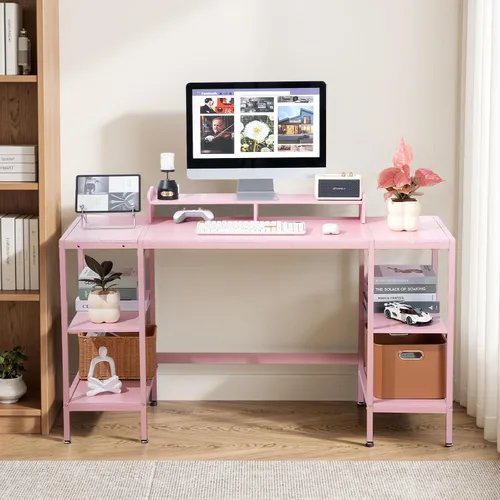 Miniatura 5 de MINOSYS Escritorio para computadora de 55 pulgadas con estante de almacenamiento - Rosa, ideal para dormitorios, espacios pequeños y oficinas