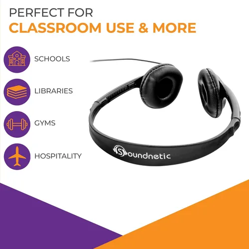 Miniatura 3 de Soundnetic SNCCV - Paquete de 10 auriculares estéreo con almohadillas de cuero sintético y control de volumen, color negro, ideales para escuelas