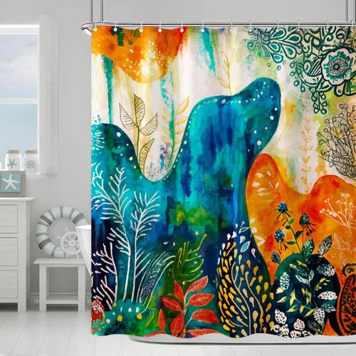 Miniatura 13 de Juego de cortinas de ducha relajadas con diseño de ondas de arte japonés impermeable, cortina de ducha para baño, divertida escena de vacaciones