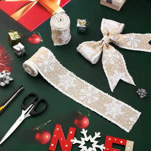 Miniatura 5 de 2 rollos de cinta de copo de nieve con borde con alambre para árbol de Navidad, cinta decorativa de temporada para Navidad, decoración de invierno