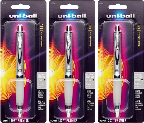 Uni-Ball 207 Premier - Bolígrafo de punta redonda de gel retráctil, 0.028 in, punta media, tinta negra (paquete de 3, negro)
