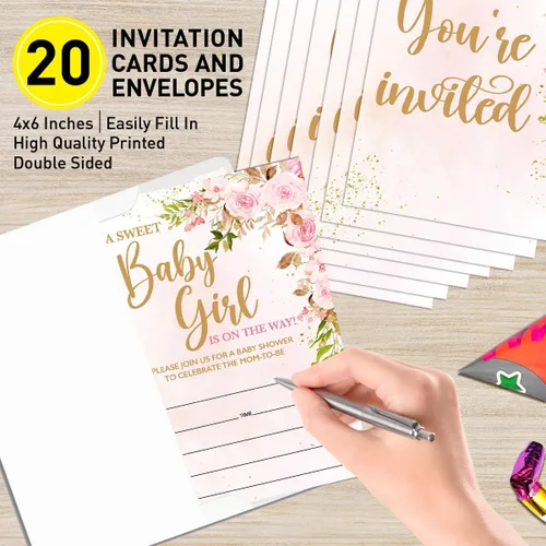 Miniatura 2 de Invitaciones de baby shower para niña floral con sobres, invitaciones para baby showers, fiesta, flores de acuarela rosa rubor, tarjetas