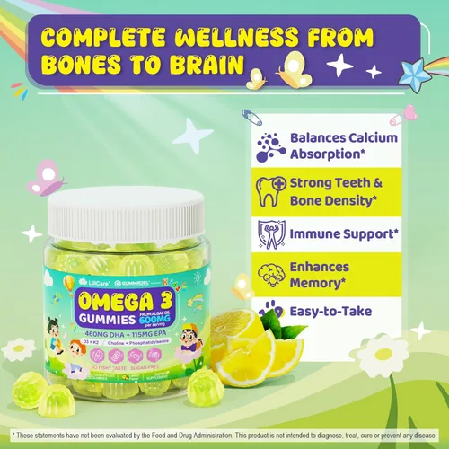Miniatura 6 de Omega-3 para niños mayores de 4 años, gomitas Focus DHA Plus EPA de algas, vitamina D3 K2, colina y PS para hueso, salud cognitiva e inmunológica