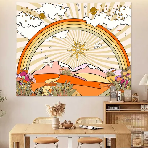 Miniatura 5 de TPMDFC Tapiz retro de los años 70 y 60, tapiz vintage de flores, nubes, sol y arco iris, tapiz para colgar en la pared, tapiz estético bohemio